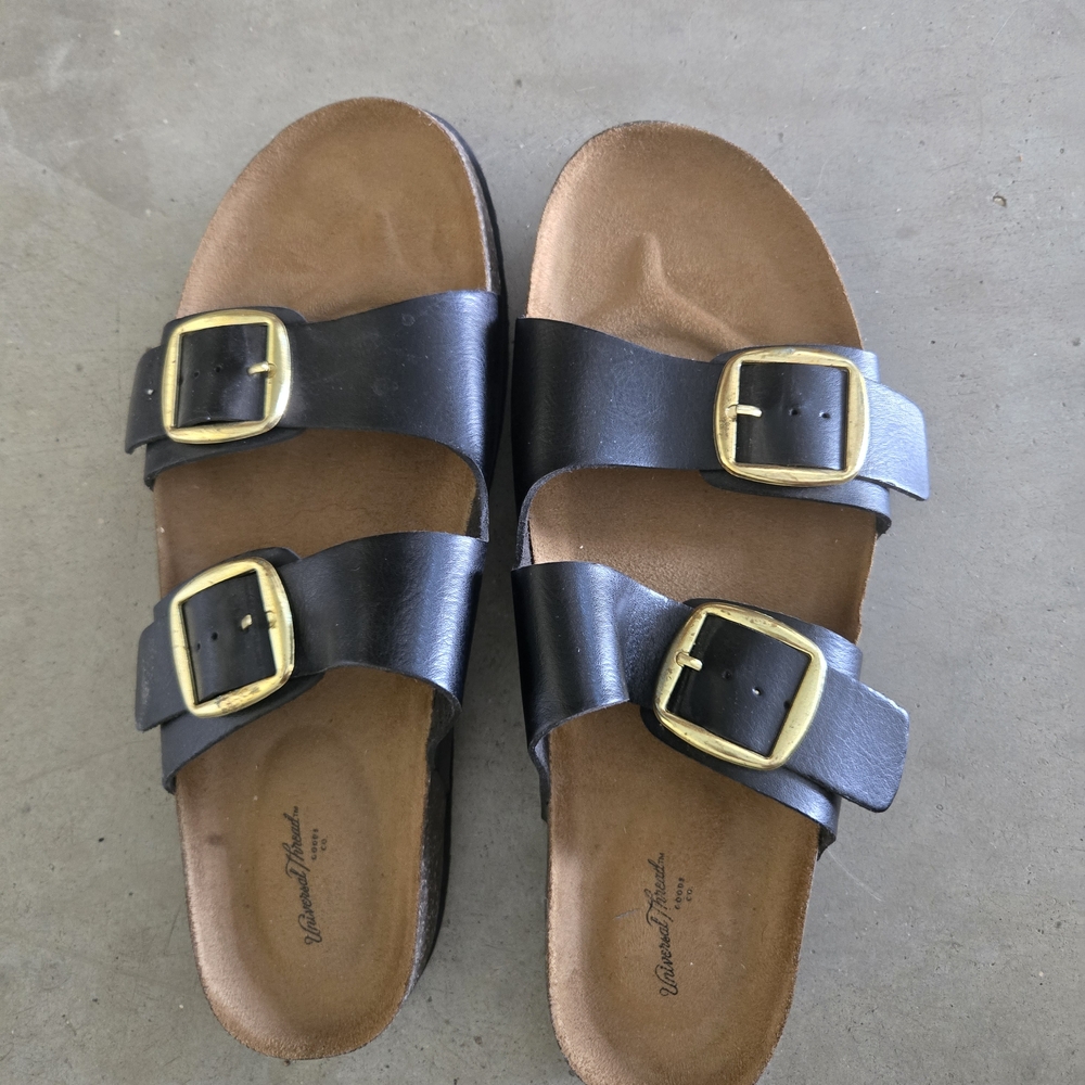 Universal Thread Black Sandals with Gold Buckles